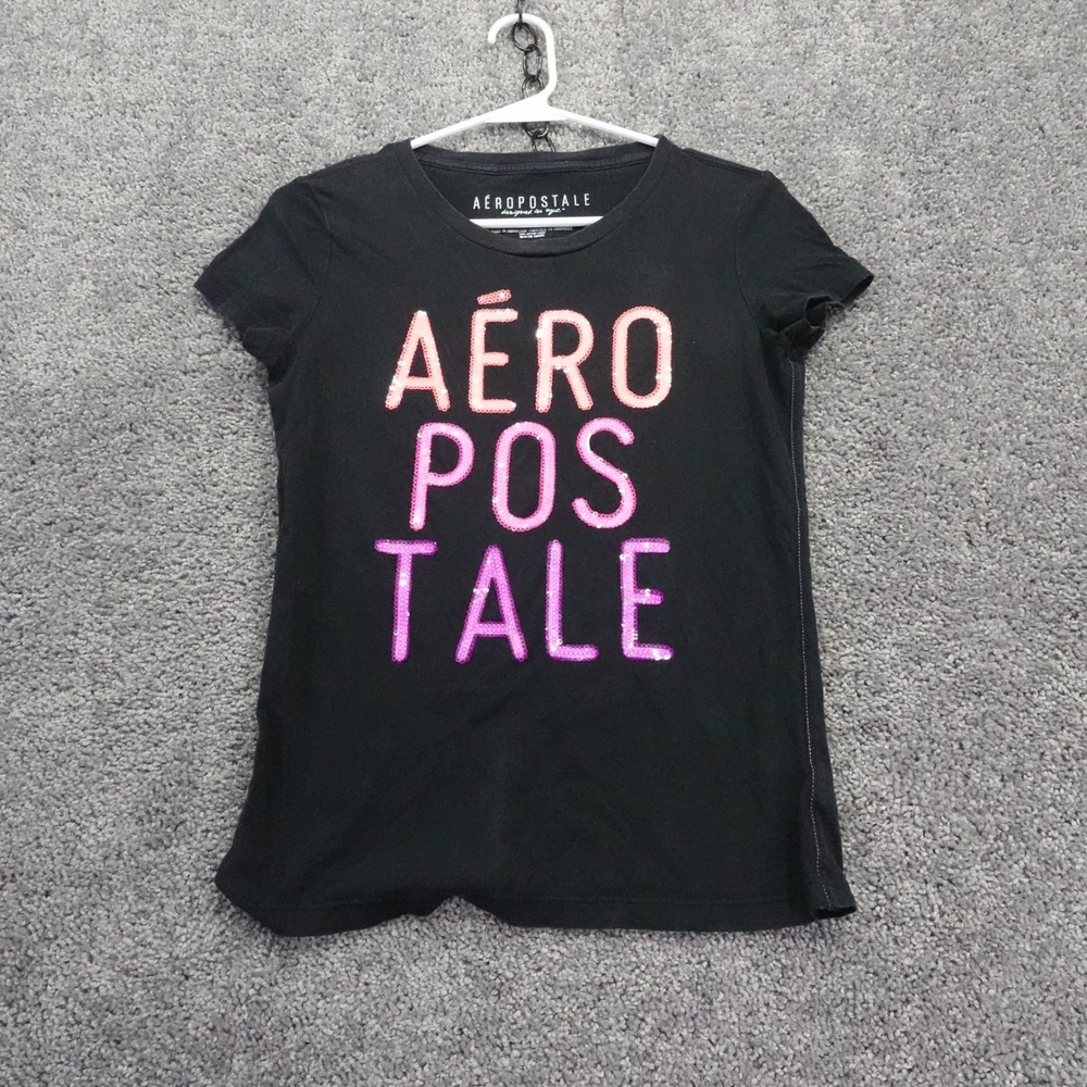Aeropostale T Shirt Womens Medium Black Sequin Logo Short Sleeve Cotton